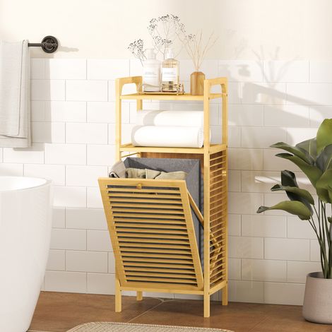 Schmaler Bambus-Badezimmerschrank mit 2 offenen Regalböden, herausnehmbarem Korb und Lattenrost, 40 x 30 x 95 cm, Natur