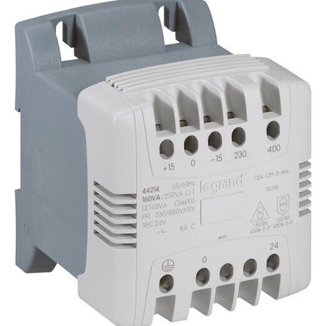 Transformateur de commande et sécurité à connexion à vis primaire 230V à 400V et secondaire 24V - 160VA - 044214 - LEGRAND