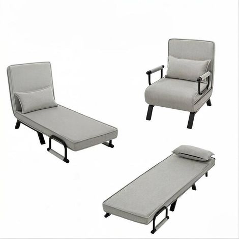 Sillón cama plegable 3 en 1 gris claro con respaldo reclinable, lino, metal y espuma (1/5)
