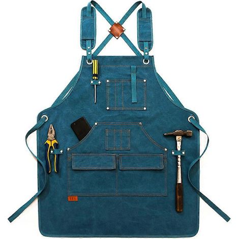 Arbeitsschürze aus Canvas-Denim, verstellbar mit gekreuzten Trägern am Rücken, mehreren Taschen, Kochschürze