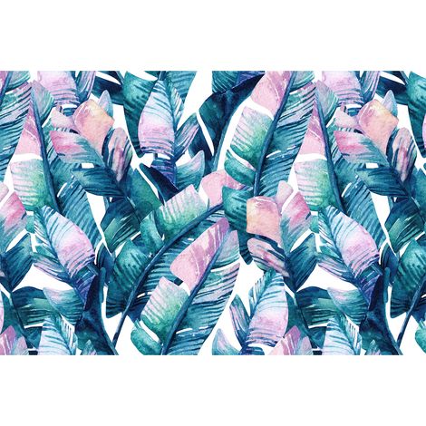 Papier peint panoramique feuille aquarelle bleu & rose | Tapisserie panoramique exotique bleu & rose | Papier peint panoramique salon & chambre - 267 x 400 cm (4 pièces) (1/2)