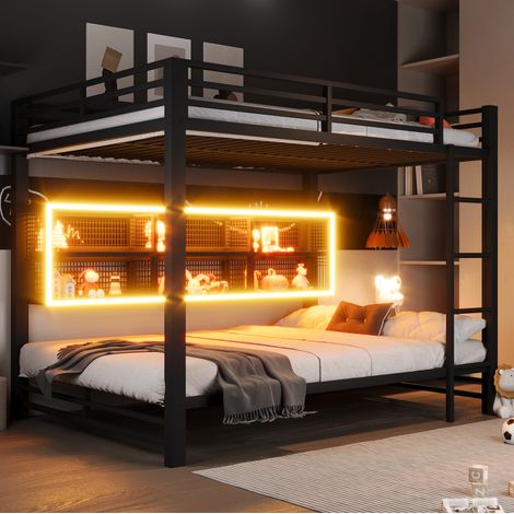 Lit superposé 140x200 avec rangements LED métal noir HAVRYA (1/5)