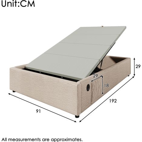 Cadre de lit simple 90x190 cm, sommier à lattes intégré avec port USB-C, teinte lin naturel, sans tête de chevet
