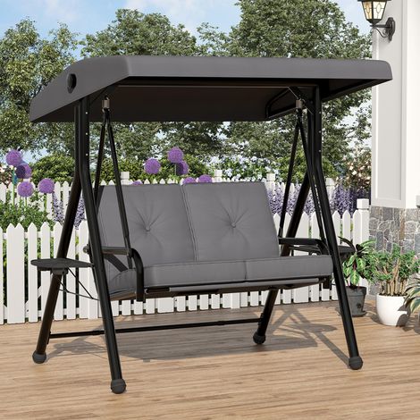 Balançoire 2 places réglable pour l’extérieur, Canopée, coussins épais, armature en fer robuste, pour jardin ou terrasse, gris (1/5)