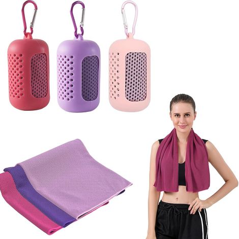 Serviettes rafraîchissantes, lot de 3, serviette de sport à séchage rapide avec manchons en silicone portables, en microfibre, idéale pour le fitness, les activités de plein air et le sport, 30 x 90 c