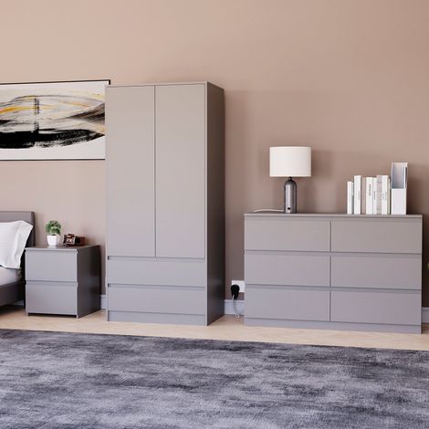 3 Piece Denver Bedroom Set, 2 Drawer Large Bedside Chest, 6 Drawer Chest, 2 Door 2 Drawer Wardrobe, Grey (1/3)
