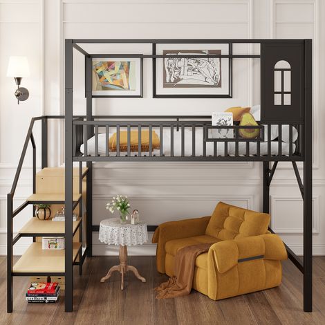Letto a soppalco in metallo, dimensioni 140 x 200 cm, letto a soppalco multifunzionale con struttura superiore e scaletta di sicurezza, letto creativo per ragazzi, letto per adulti. (1/5)
