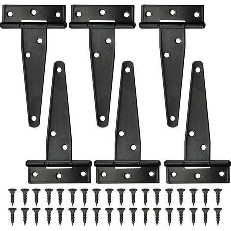 6 PCS Charnière en T Noires Charnière porte de Grange 4 pouces Charnières en T Extérieur avec 36 vis Charnières de Portes en Fer Charnières Robustes pour Portes, Fenêtres, Abris de Jardin (1/5)