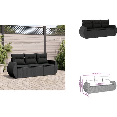 Salon de jardin 3 pcs avec coussins noir résine tressée - Ensemble Salon De Jardin - Meuble Extérieur - Résine Tressée - Rotin Synthétique - Fauteuil De Jardin