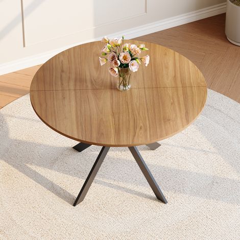Table salle à manger ronde noyer MDF piètement X noir diamètre 110 cm