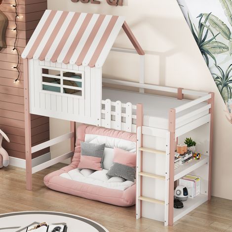 Letto a casetta 90x200 cm in legno massello rosa, con tetto, sponda di sicurezza e scaletta (1/5)