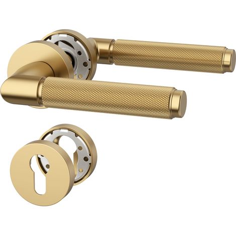 Poignée de porte intérieure Or champagne avec rosace ronde, ensemble béquille PZ avec cylindre européen, garniture de porte pour portes d'entrée et intérieures UK0098 (1/5)