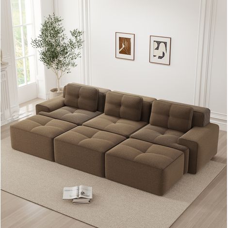 Divano modulare angolare 3 posti in tessuto a coste marrone, funzione letto, con 3 pouf e seduta profonda 74 cm (1/5)