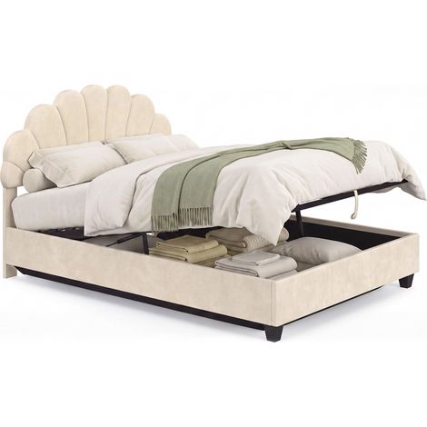Lit coffre double coquillage AMANDA avec tête de lit et sommier 140 x 190 cm velours beige (1/5)