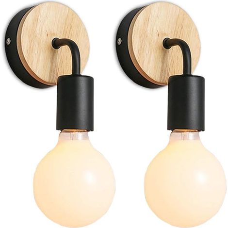 2 ensembles de lampes murales intérieures en métal et en bois E27 lampes murales pour la chambre et la salle de bain sans ampoule (noir) (1/5)