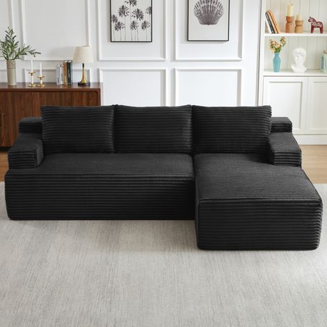 Sofá rinconero modular en L efecto nube de terciopelo acanalado negro sin montaje OKWISH (1/5)