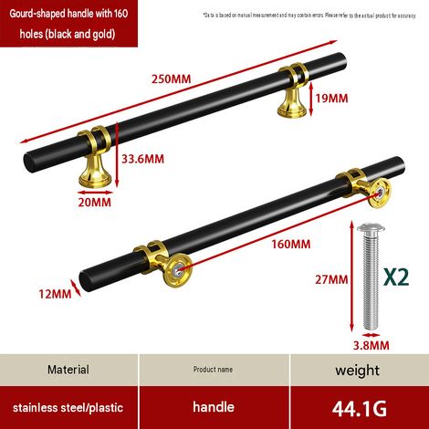CYUNSHOP Lot de 5 poignées en T à embase évasée – Entraxe 160cm, Noir+Or bicolore, pour armoires et meubles. (1/5)