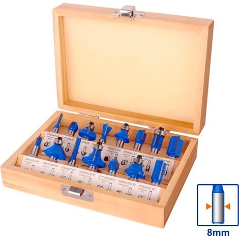 Jeu de fraises pour fraiseuse Wadfow 15 pièces, tige 8 mm, étui en bois