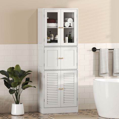 Armoire de salle de bain haute, meuble de rangement à 6 portes (2 portes vitrées et 2 portes à persiennes), étagère réglable, blanche (1/5)