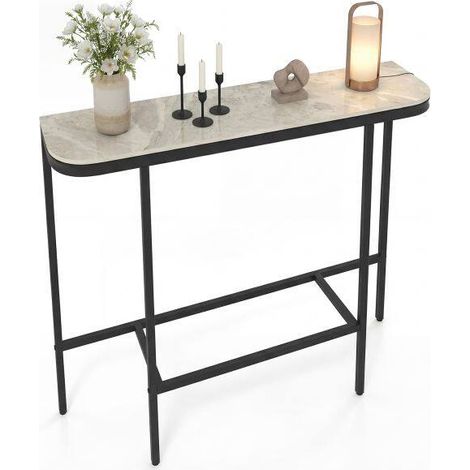 Table console grise avec plateau effet marbre et cadre en métal, pieds réglables et fixations anti-basculement pour entrée et salon (1/5)