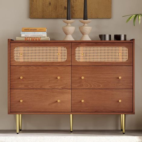 Kommode mit 6 Schubladen, Rattan-Akzente, Nussbaum-Optik, Metallfüße (1/5)