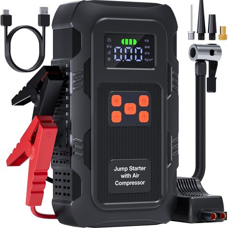Booster Batterie Voiture avec Gonfleur Pneus Voiture 150PSI, Démarreur Batterie 12V pour 10L Essence/8L Diesel, Booster avec Arrêt Automatique, Lampe LED, Sortie USB (Orange) (1/5)