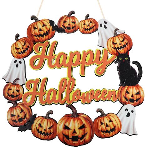 Retro-Dekoration „Happy Halloween“ – Kürbislaterne und hölzerner Geisterkranz (1/5)