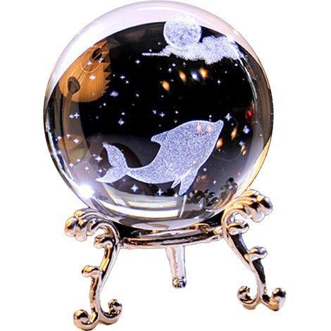 Boule de Cristal Galaxy Étoilée 3D Rosé Incrustée Cadre Métal Argenté Décor Créatif avec Dauphin Dynamique 6cm (1/4)