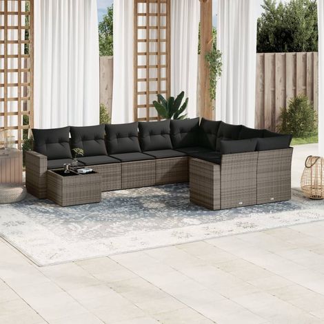 Canapé de Jardin Salon Gris Ensemble Modulaire Résine Tressée, 9 Coussins, Table Verre Trempé, 10 Pièces Dimensions 62x62x69 cm (1/5)