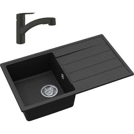 76x44 cm kit évier avec égouttoir réversible en Granite, à encastrer, noir + mitigeur lavabo/cuisine Grohe Start (SATSE3BG431)