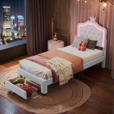 Lit simple 90x200 cm pour chambre enfant et adolescent - Lit coffre capitonné avec tiroir au pied du lit et tête de lit couronnée - PU - Blanc