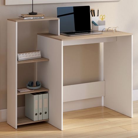Escritorio LILIAN con estantes modulares laterales en madera efecto haya y blanco