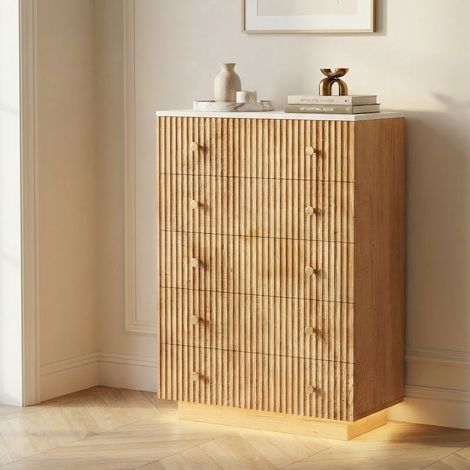 Cassettiera camera letto 5 cassetti, mobile contenitore 73x40x111 cm, illuminazione LED e grande capacità, struttura in legno e metallo, stile moderno, Rovere chiaro