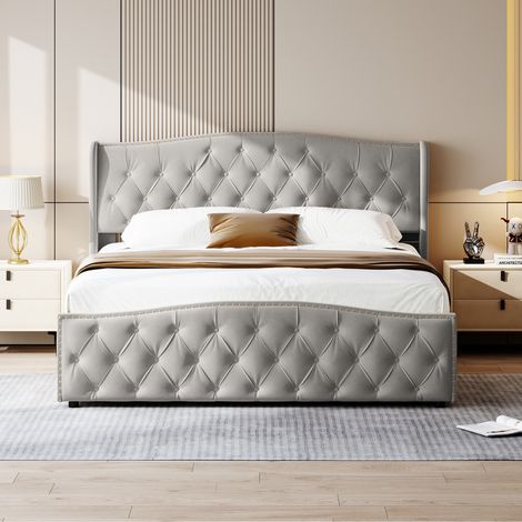 Letto contenitore 160x200 cm - Letto imbottito capitonné con rete a doghe e testiera ondulata - Velluto - Grigio