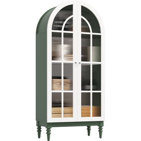 Vitrine für Wohnzimmer mit 2 Riffelglastüren und 3 Einlegeböden, aus MDF und Metall, Dunkelgrün, 76 x 38.5 x 165 cm (1/5)