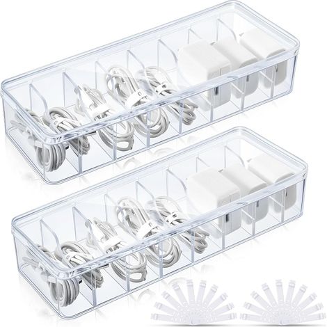 Scatola organizer per cavi in 2 pezzi con fascette in plastica, 20 fascette, coperchio, scatola per riporre dispositivi elettronici, accessori per l'organizzazione di casa, ufficio e scrivania, traspa (1/5)