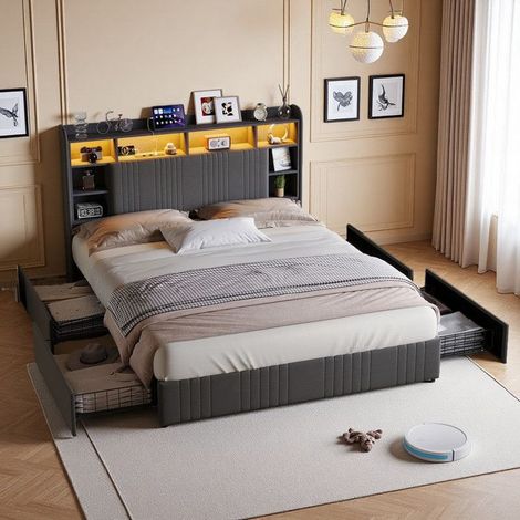 Cama doble - 160x200 Reina - Cabecera acolchada de lino gris - LED RGB integrado - 4 cajones de almacenamiento