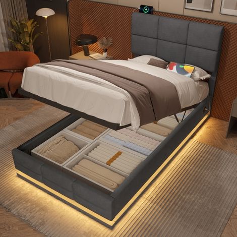 Lit coffre 90x200 velours gris avec LED, ports USB et tête de lit réglable, lit simple adulte avec rangement hydraulique XXL et sommier (1/5)
