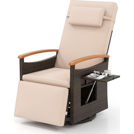 COSTWAY 360° Swivel Rattan Recliner Chair Patio Wicker Chaise Lounge Chair-Beige (1/5)