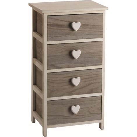 Cassettiera Shabby chic in legno naturale con 4 cassetti e pomoli a cuore 40 x 73 centimetri