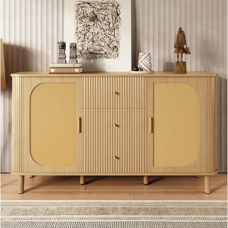 Buffet bas en MDF coloris naturel 140 x 40 x 80 cm, portes effet rotin, tiroirs ondulés et passe-câbles (1/5)