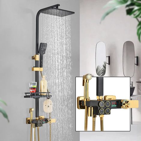 Sistema de ducha termostático expuesto en negro dorado, grifo de ducha con indicador de temperatura, cabezal de ducha con ducha de mano y rociador de bidé. (1/5)
