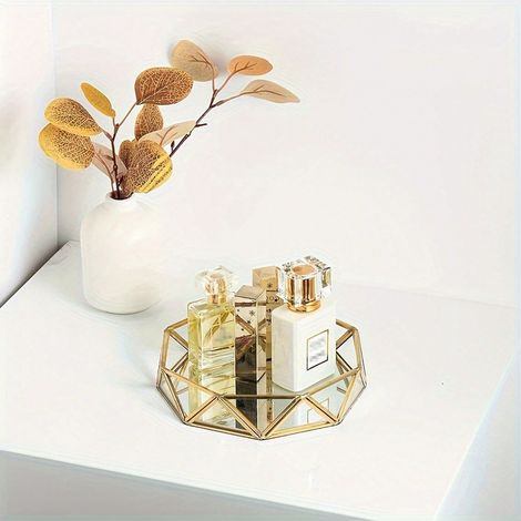 Luxuriöses Parfümtablett aus Glas mit Goldrand und Spiegel, geometrische Form, für Schmuck und Kosmetik (nicht für den Kontakt mit Lebensmitteln geeignet) (1 Stück)