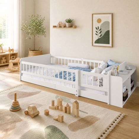 Letto per bambini 90x200 cm bianco in legno di pino con ripiani e barriera apribile (1/5)