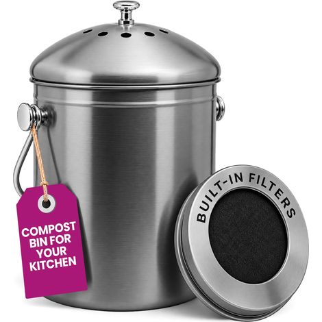 Composteur de Cuisine en Acier Inoxydable, Seau à Compost inodore avec filtres à Charbon, Seau à Compost avec Couvercle, pour Les restes Alimentaires et Le Recyclage des déchets (1/5)