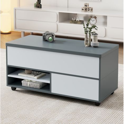 Mesa de centro elevable multifuncional con almacenamiento oculto madera 100x98x65 cm gris y blanco (1/5)