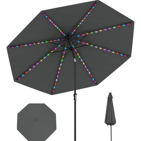 Parasol de Patio Solaire de 3 m avec 96 Lumières LED à 9 Modes, Inclinaison Réglable, Manivelle Facile, 8 Baleines, Toit Aéré, Gris (1/5)