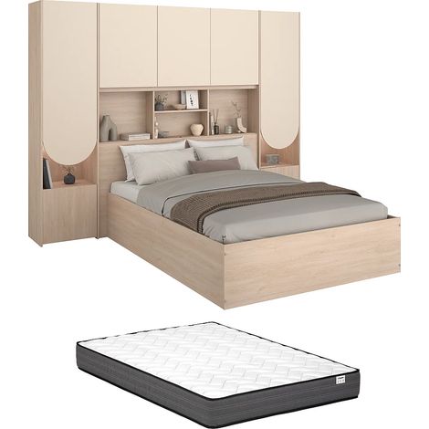 Lit coffre 140 x 190 cm avec pont de lit - Avec LEDs - Beige et naturel + Matelas - VELONA (1/5)