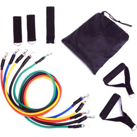 Set de bandes de résistance 11 pièces, kit d'étirement fitness, 5 tubes élastiques, 2 poignées en mousse, 2 sangles de cheville, ancrage de porte, pour hommes et femmes, équipement de sport à domicile (1/5)