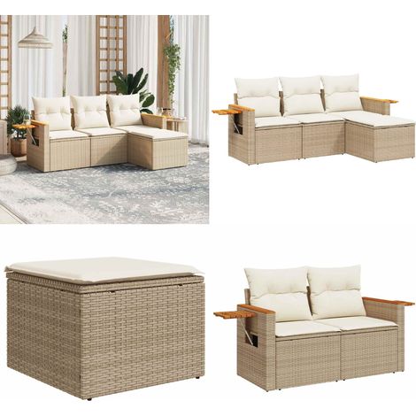 4-tlg. Garten-Sofagarnitur mit Kissen Beige Poly Rattan - Gartensofas - Outdoor Möbel - Gartenmöbelset - Rattan Gartenmöbel - Lounge Set - Home & Living (1/5)